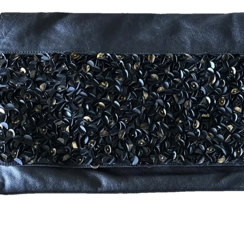 Zara black leather and rhinestone clutch with thin ling leather strap